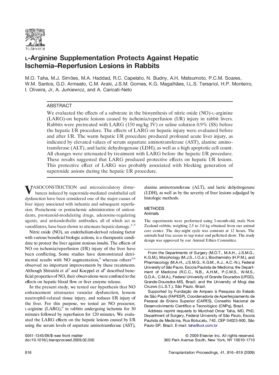 l-Arginine Supplementation Protects Against Hepatic Ischemia–Reperfusion Lesions in Rabbits 