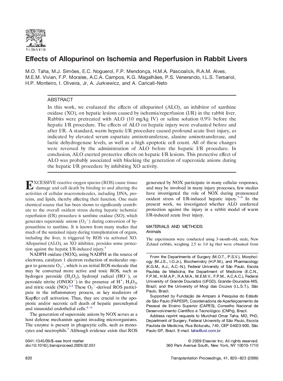 Effects of Allopurinol on Ischemia and Reperfusion in Rabbit Livers