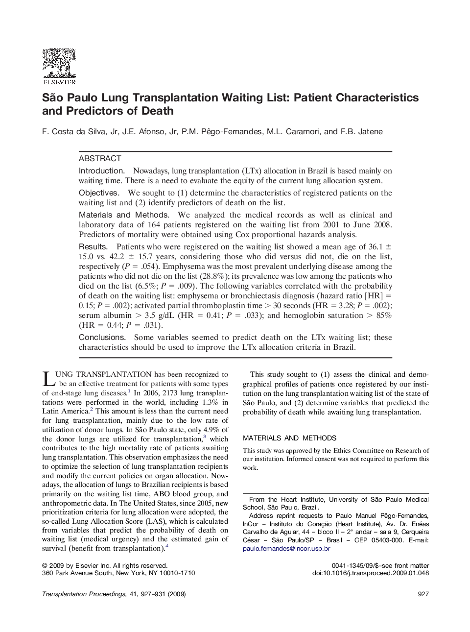 São Paulo Lung Transplantation Waiting List: Patient Characteristics and Predictors of Death