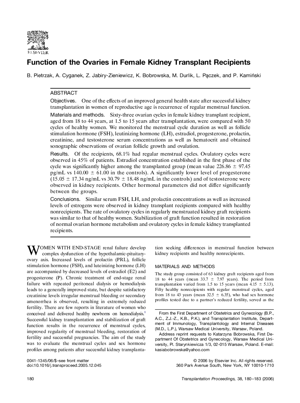 Function of the Ovaries in Female Kidney Transplant Recipients