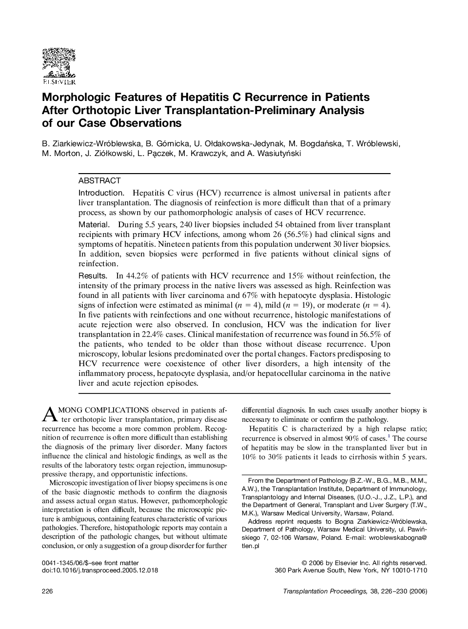 Morphologic Features of Hepatitis C Recurrence in Patients After Orthotopic Liver Transplantation-Preliminary Analysis of our Case Observations