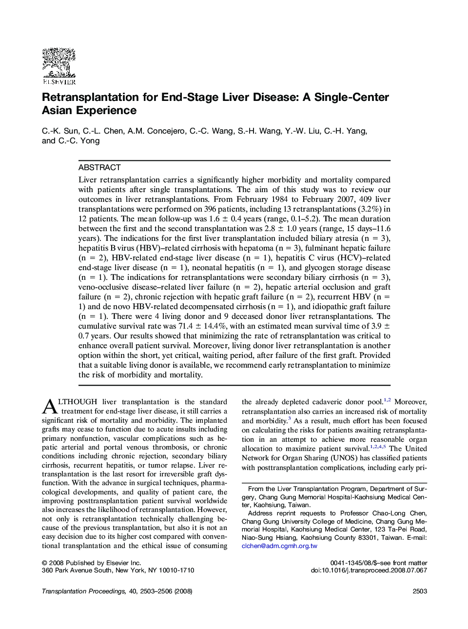 Retransplantation for End-Stage Liver Disease: A Single-Center Asian Experience