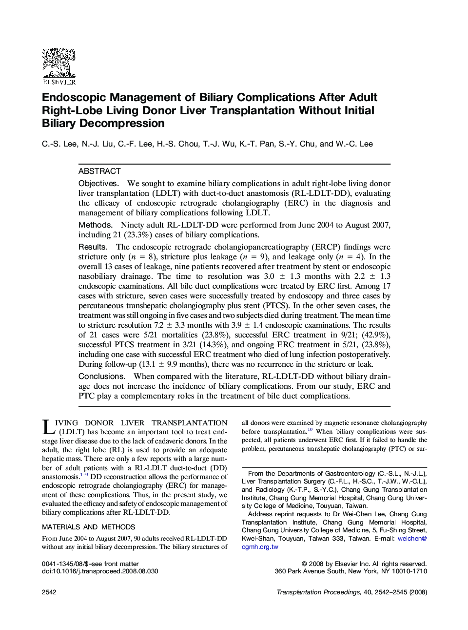Endoscopic Management of Biliary Complications After Adult Right-Lobe Living Donor Liver Transplantation Without Initial Biliary Decompression