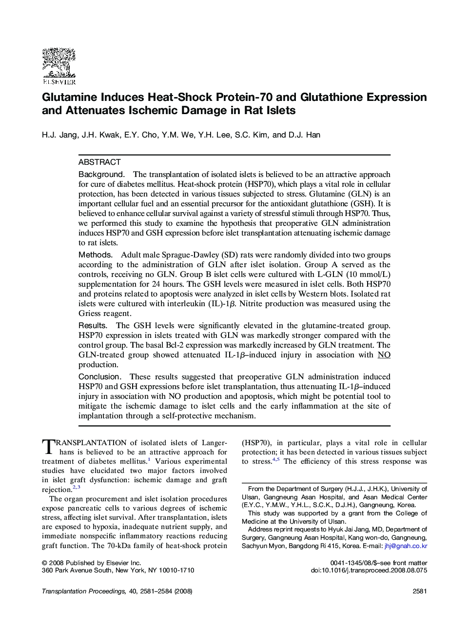 Glutamine Induces Heat-Shock Protein-70 and Glutathione Expression and Attenuates Ischemic Damage in Rat Islets 