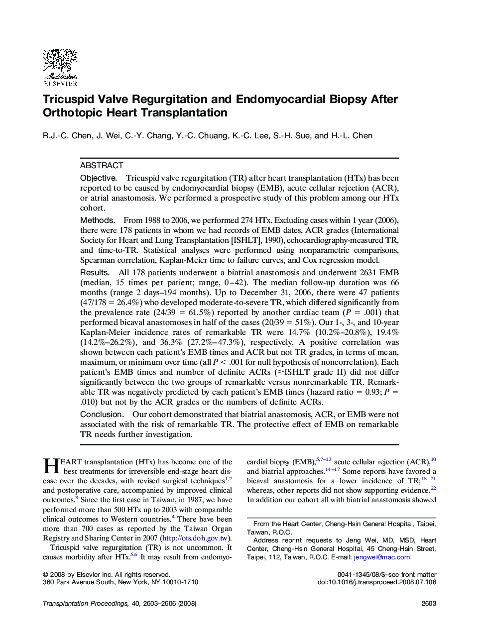 Tricuspid Valve Regurgitation and Endomyocardial Biopsy After Orthotopic Heart Transplantation