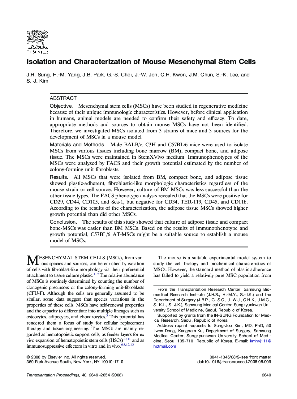 Isolation and Characterization of Mouse Mesenchymal Stem Cells 