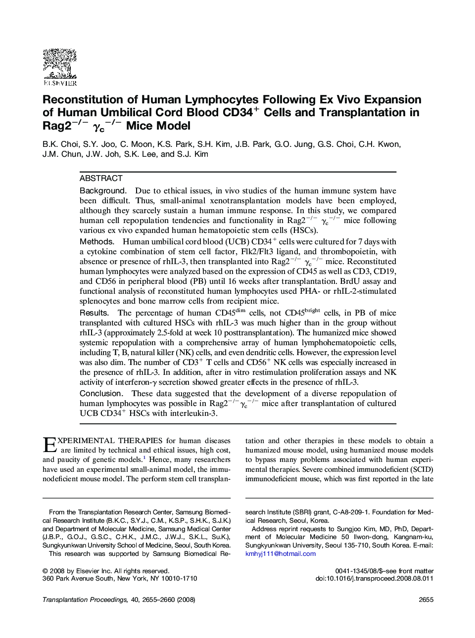 Reconstitution of Human Lymphocytes Following Ex Vivo Expansion of Human Umbilical Cord Blood CD34+ Cells and Transplantation in Rag2â/â Î³câ/â Mice Model