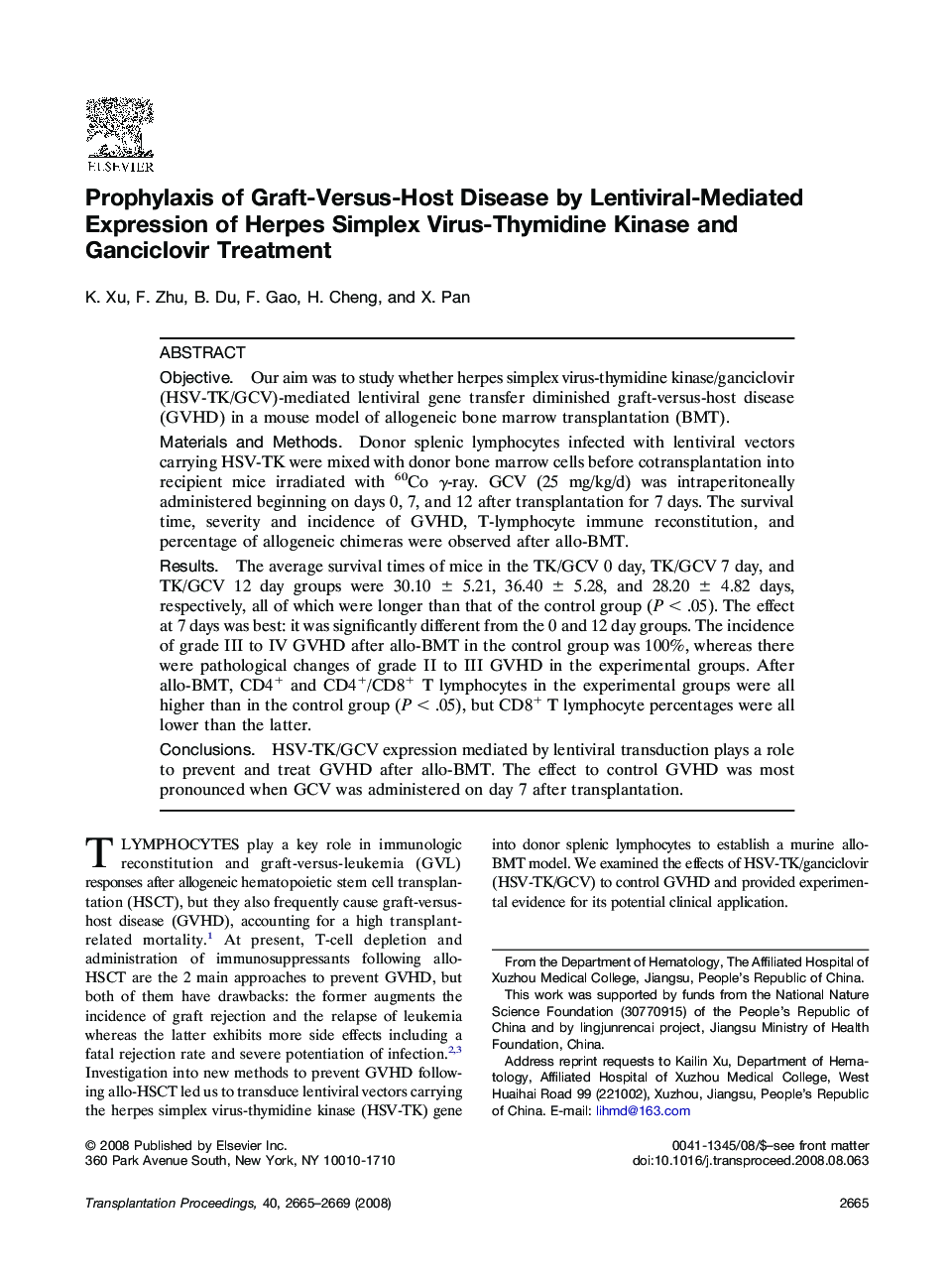 Prophylaxis of Graft-Versus-Host Disease by Lentiviral-Mediated Expression of Herpes Simplex Virus-Thymidine Kinase and Ganciclovir Treatment 