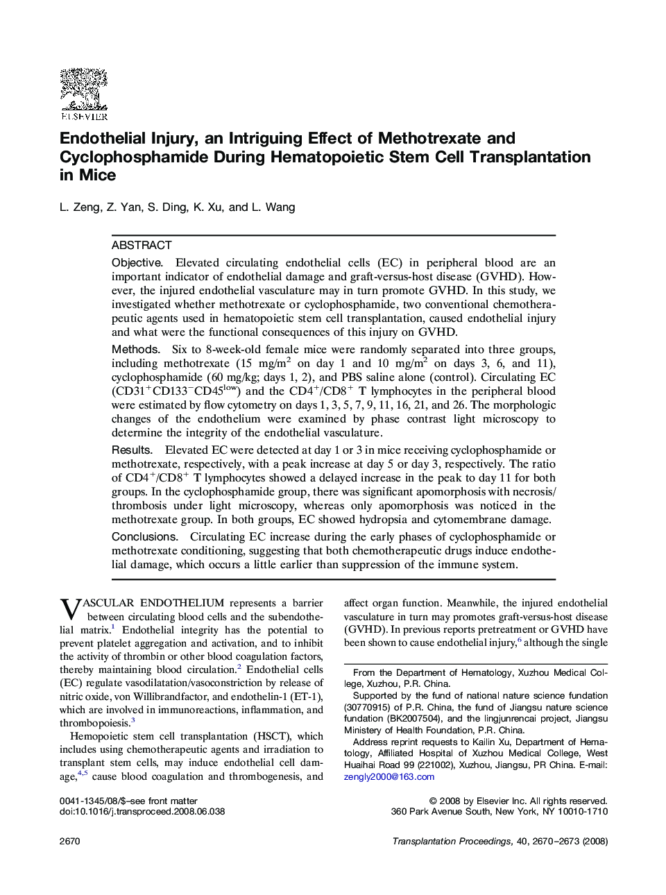 Endothelial Injury, an Intriguing Effect of Methotrexate and Cyclophosphamide During Hematopoietic Stem Cell Transplantation in Mice 