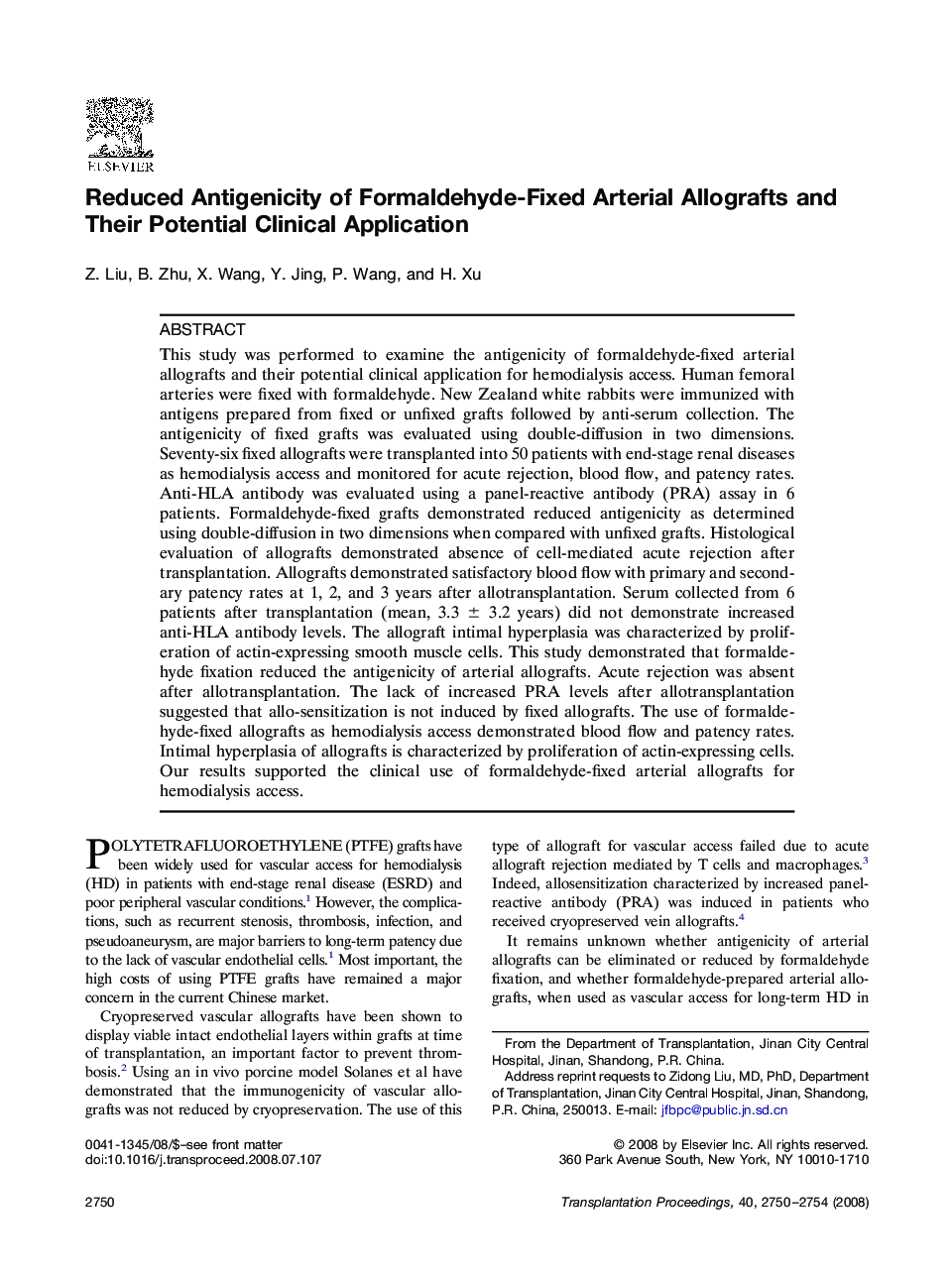Reduced Antigenicity of Formaldehyde-Fixed Arterial Allografts and Their Potential Clinical Application