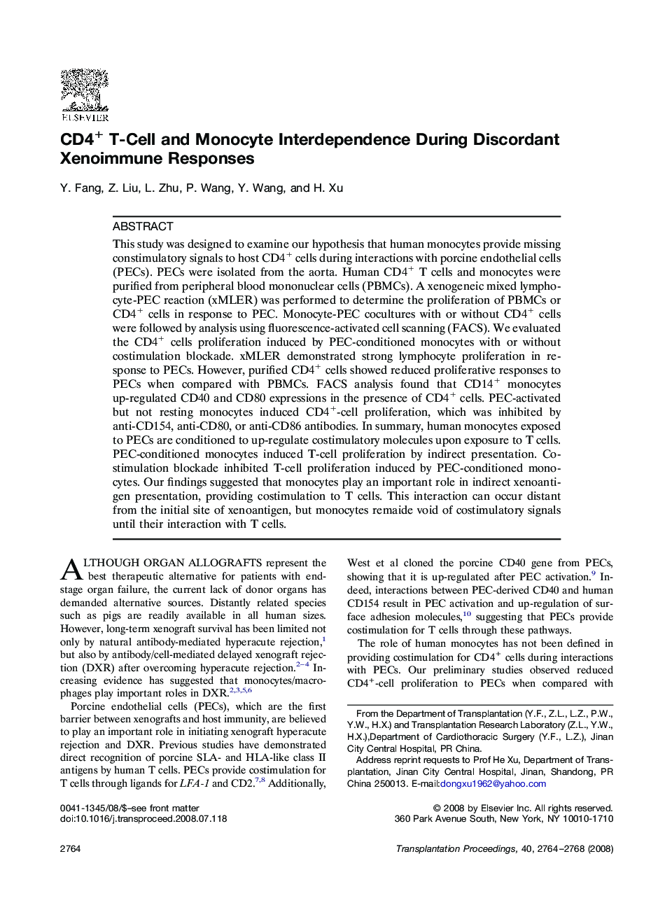 CD4+ T-Cell and Monocyte Interdependence During Discordant Xenoimmune Responses