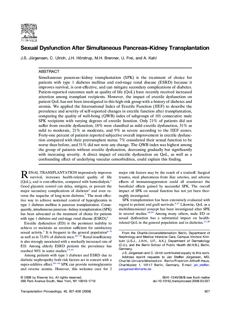 Sexual Dysfunction After Simultaneous Pancreas–Kidney Transplantation 