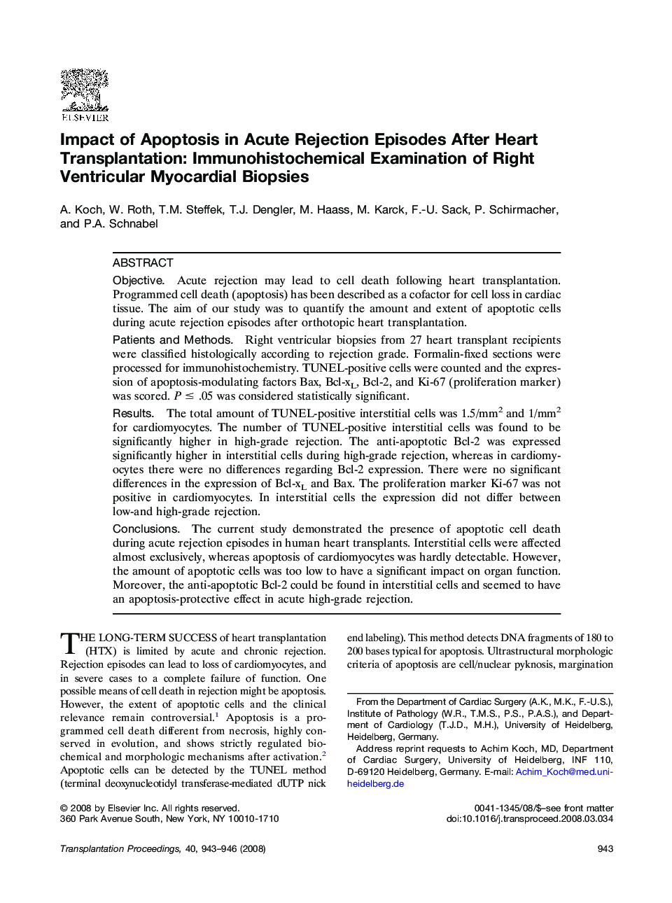 Impact of Apoptosis in Acute Rejection Episodes After Heart Transplantation: Immunohistochemical Examination of Right Ventricular Myocardial Biopsies