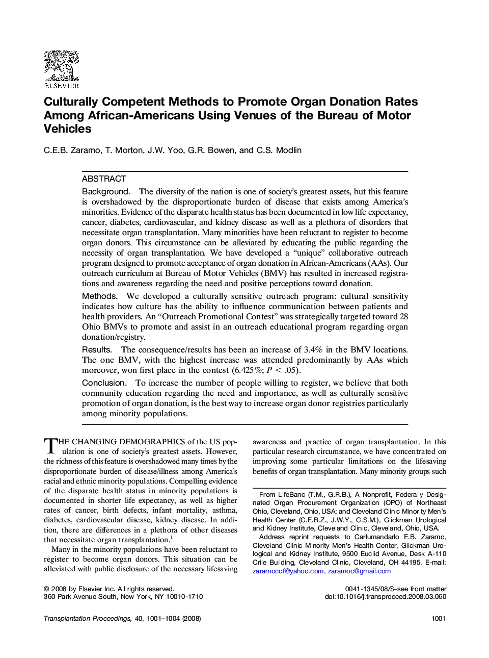 Culturally Competent Methods to Promote Organ Donation Rates Among African-Americans Using Venues of the Bureau of Motor Vehicles