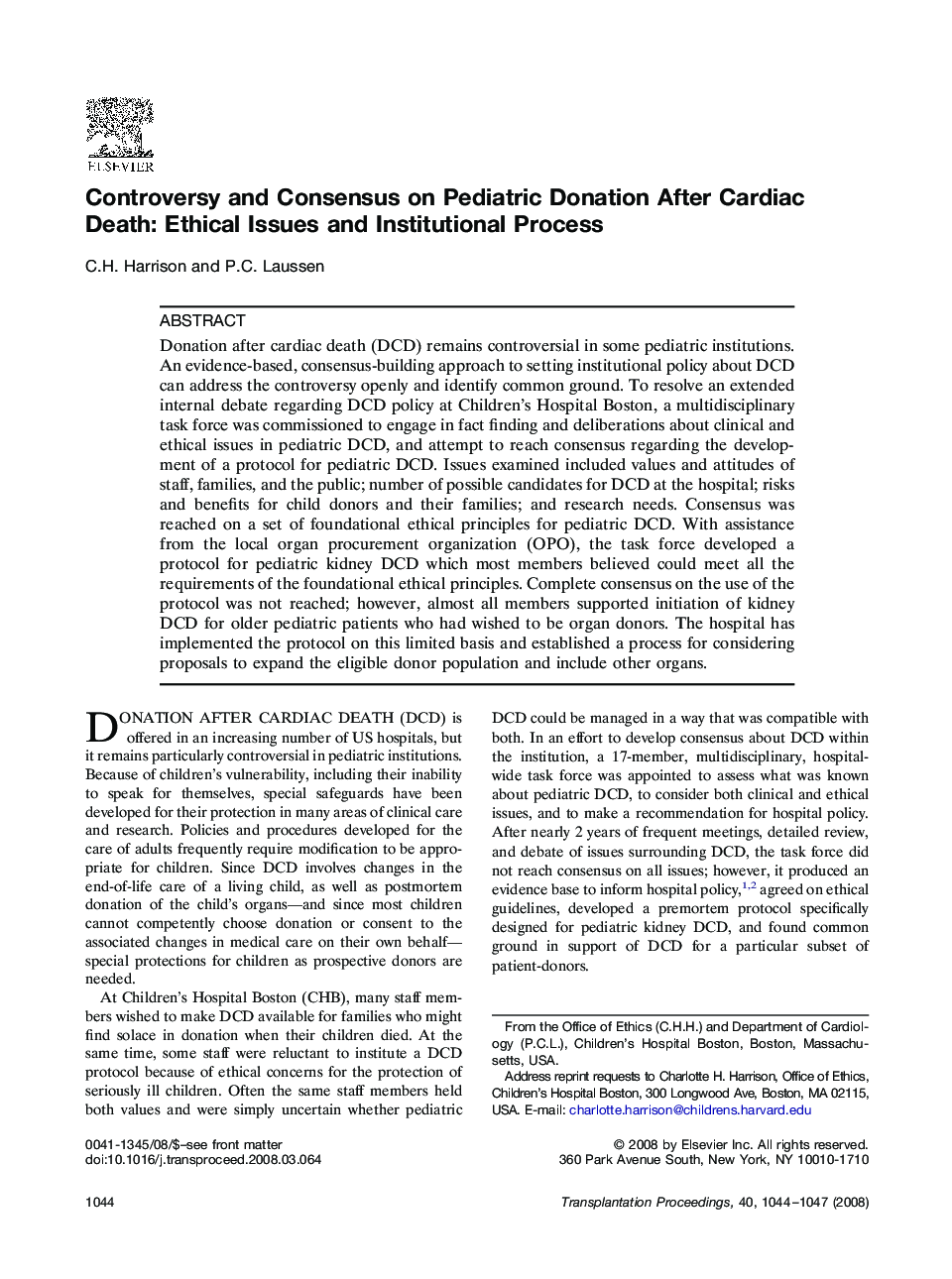 Controversy and Consensus on Pediatric Donation After Cardiac Death: Ethical Issues and Institutional Process