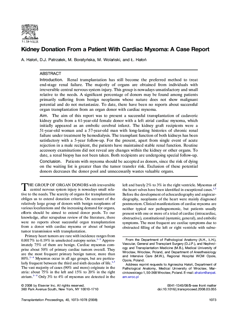 Kidney Donation From a Patient With Cardiac Myxoma: A Case Report