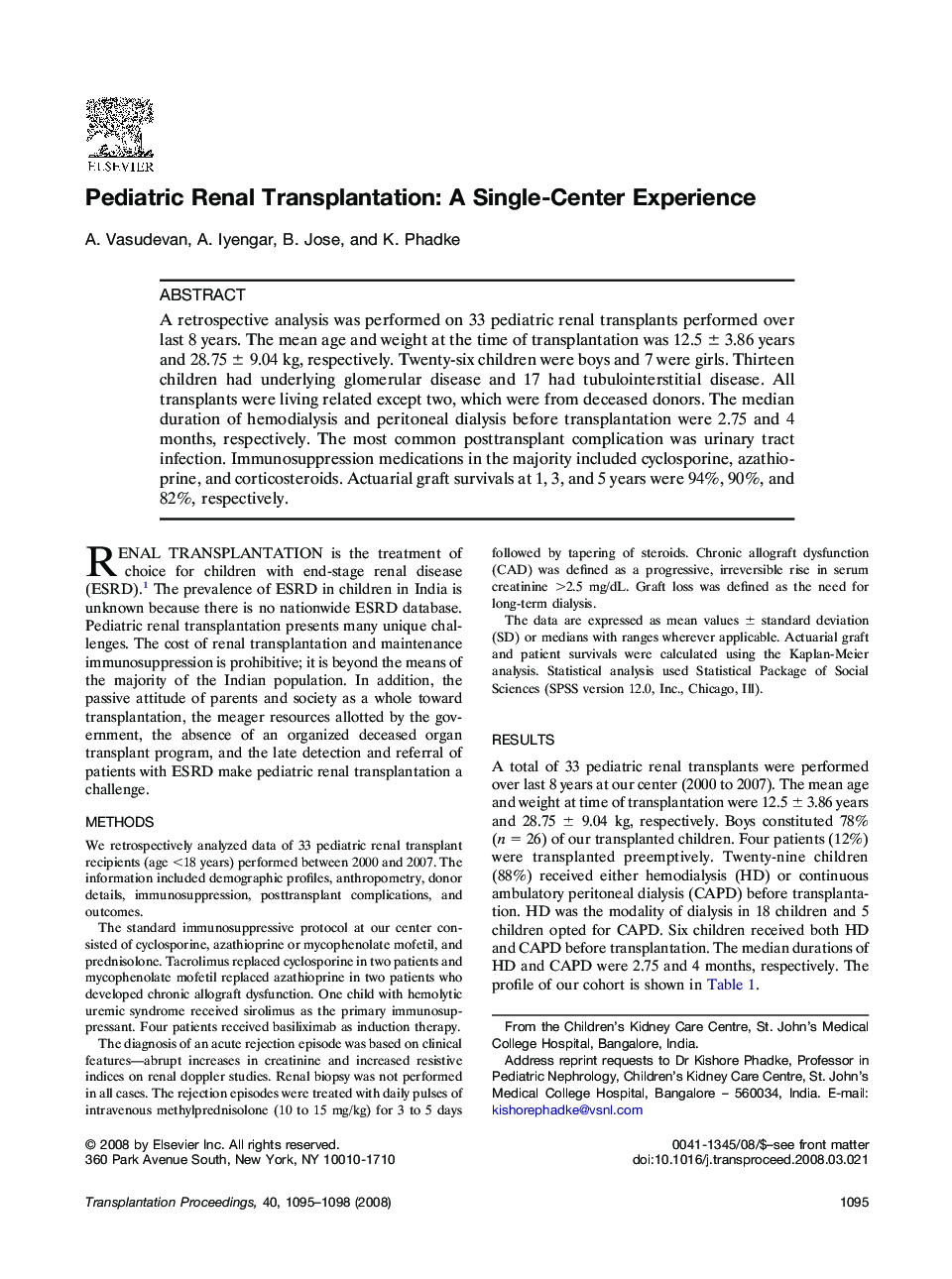 Pediatric Renal Transplantation: A Single-Center Experience