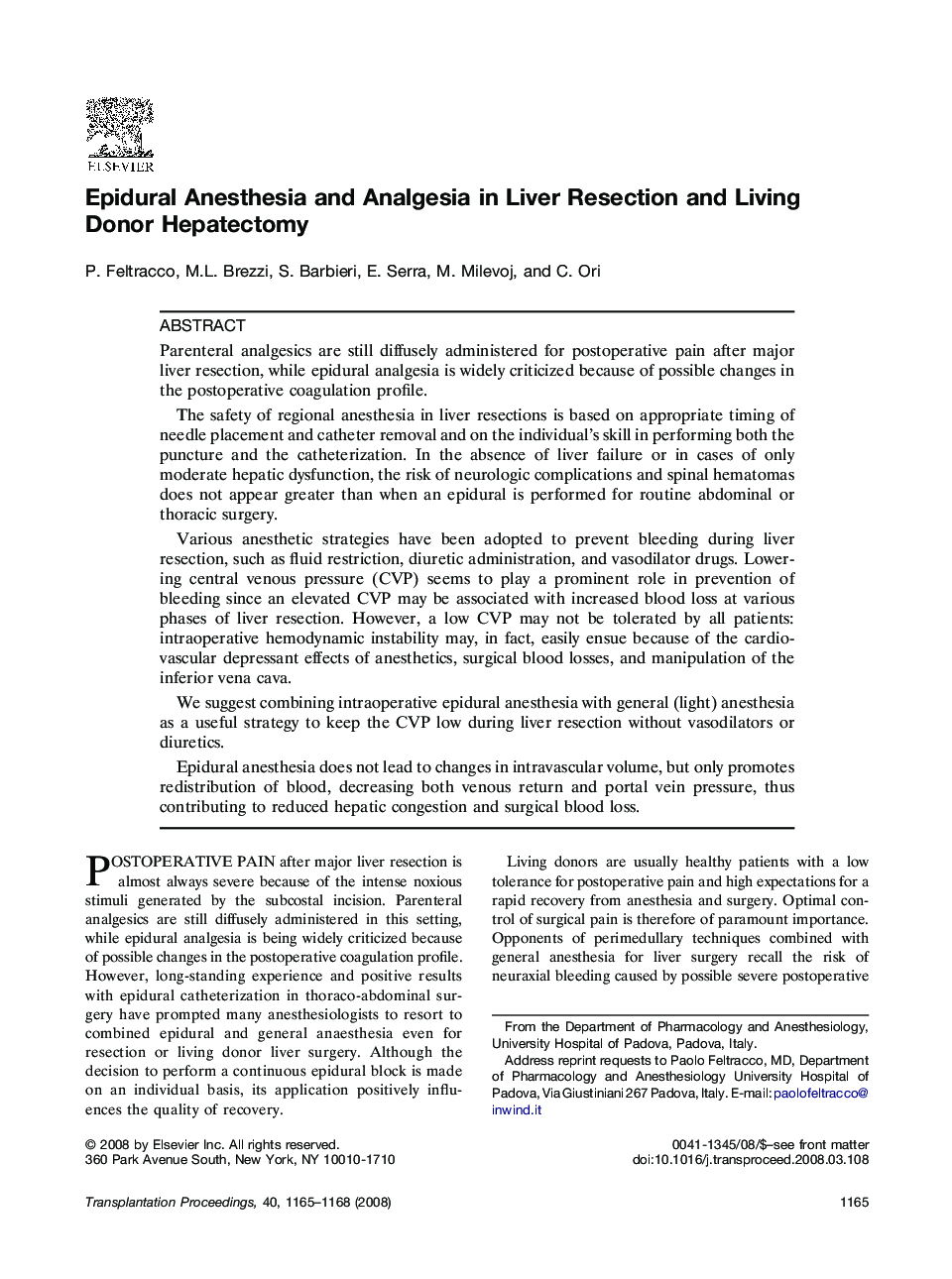 Epidural Anesthesia and Analgesia in Liver Resection and Living Donor Hepatectomy