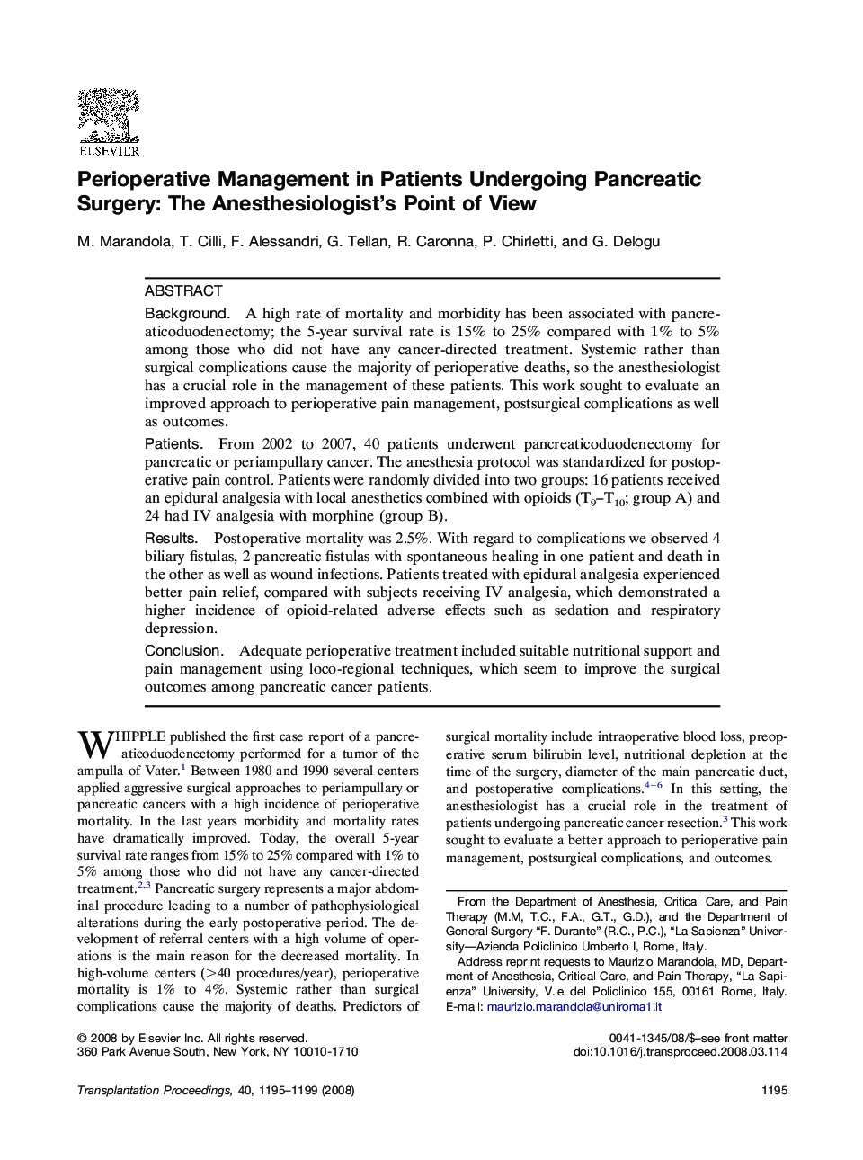 Perioperative Management in Patients Undergoing Pancreatic Surgery: The Anesthesiologist's Point of View