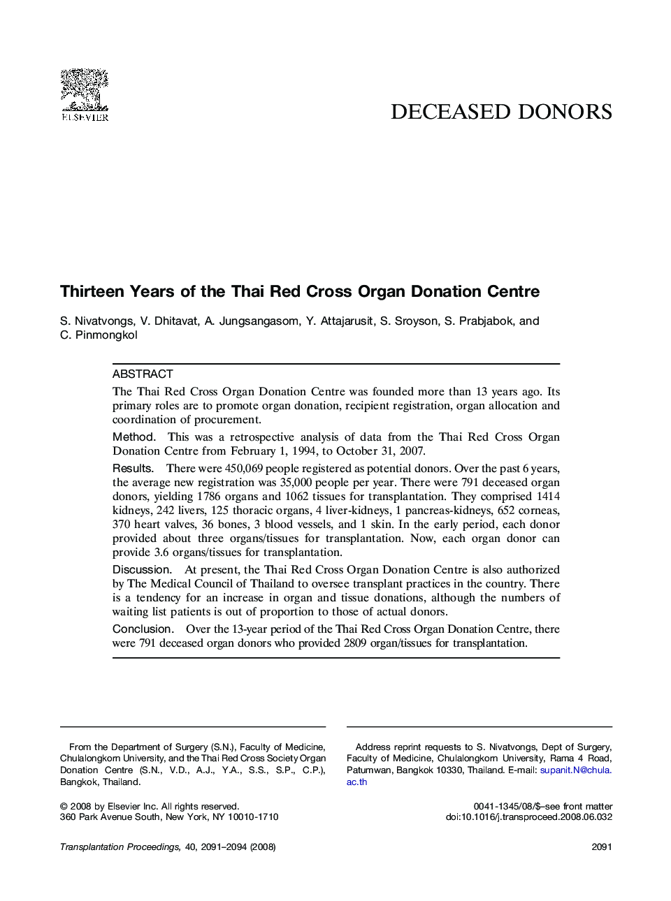 Thirteen Years of the Thai Red Cross Organ Donation Centre