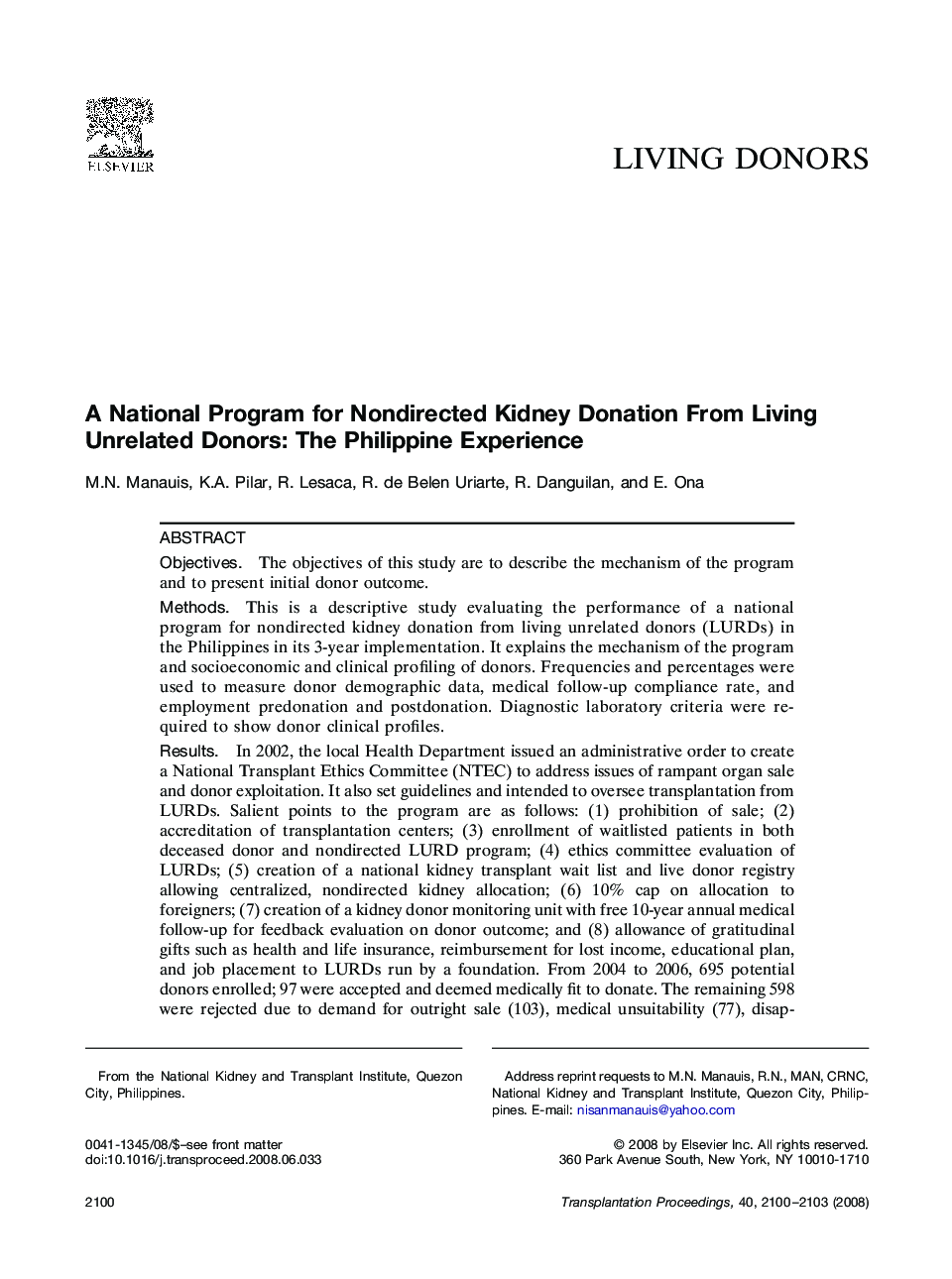 A National Program for Nondirected Kidney Donation From Living Unrelated Donors: The Philippine Experience