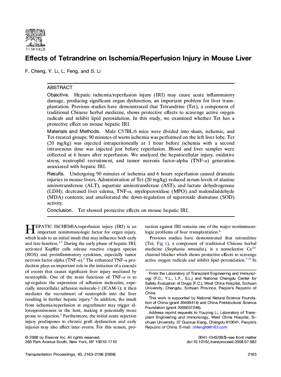 Effects of Tetrandrine on Ischemia/Reperfusion Injury in Mouse Liver 