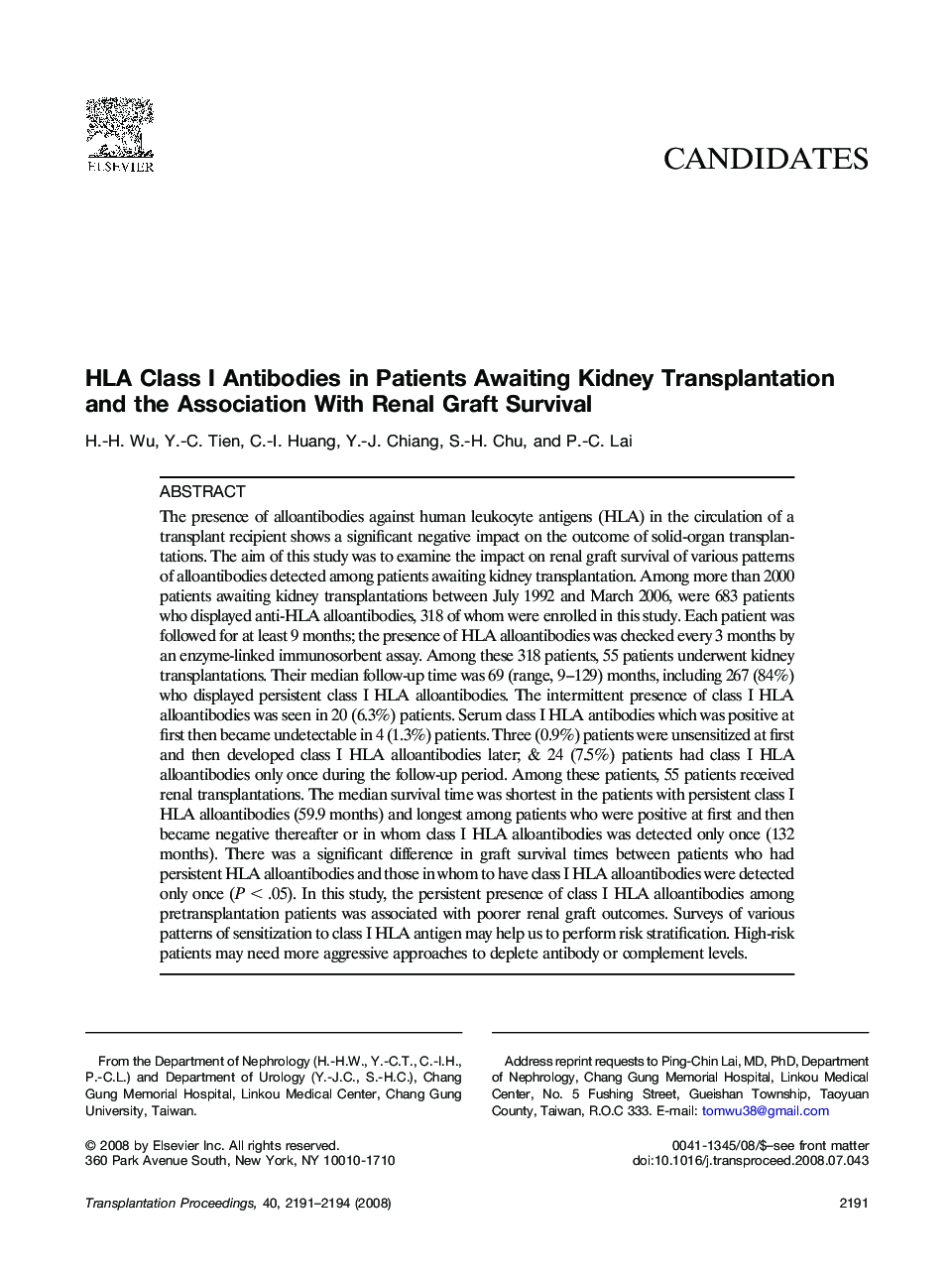 HLA Class I Antibodies in Patients Awaiting Kidney Transplantation and the Association With Renal Graft Survival