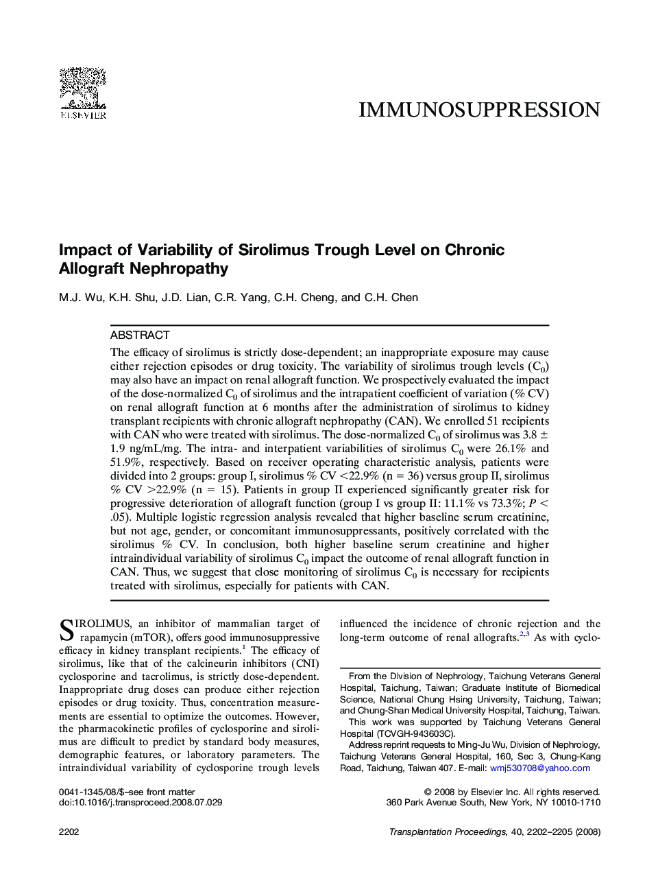 Impact of Variability of Sirolimus Trough Level on Chronic Allograft Nephropathy 