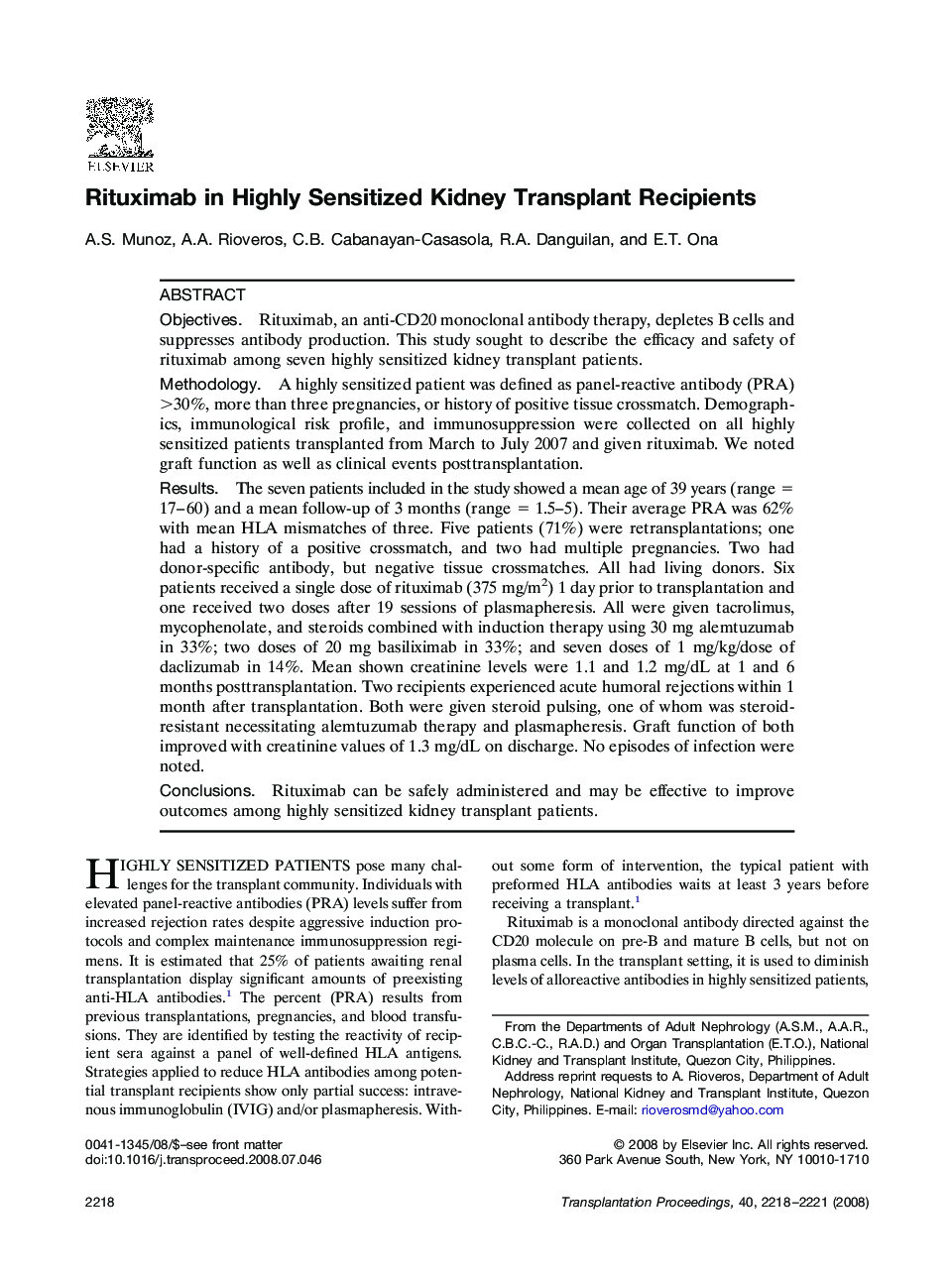 Rituximab in Highly Sensitized Kidney Transplant Recipients