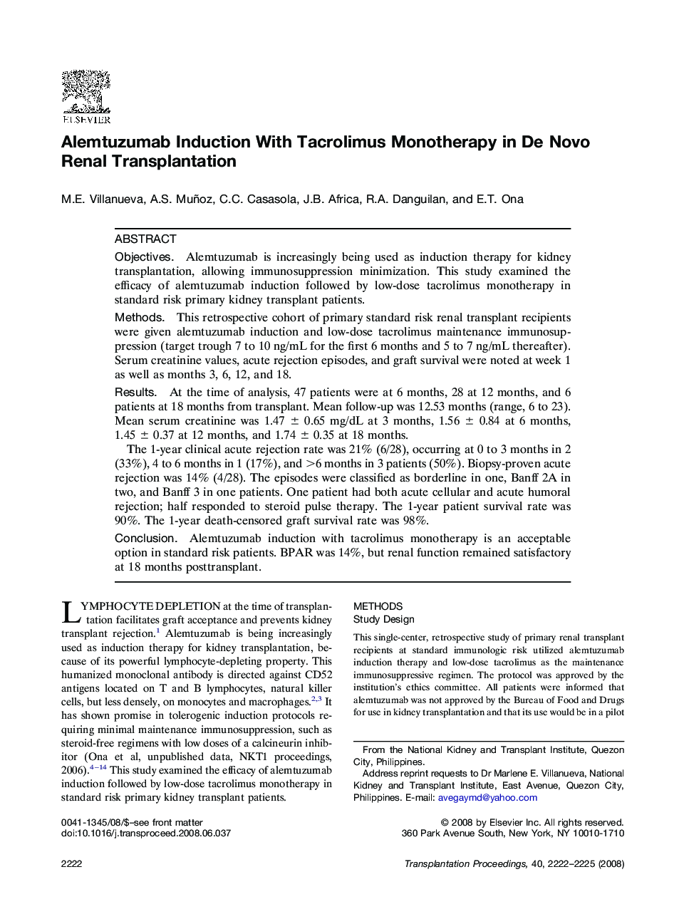 Alemtuzumab Induction With Tacrolimus Monotherapy in De Novo Renal Transplantation