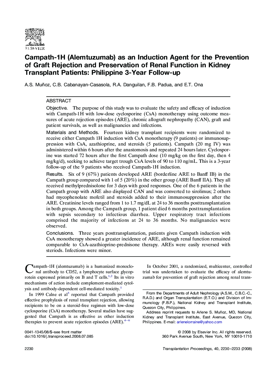 Campath-1H (Alemtuzumab) as an Induction Agent for the Prevention of Graft Rejection and Preservation of Renal Function in Kidney Transplant Patients: Philippine 3-Year Follow-up