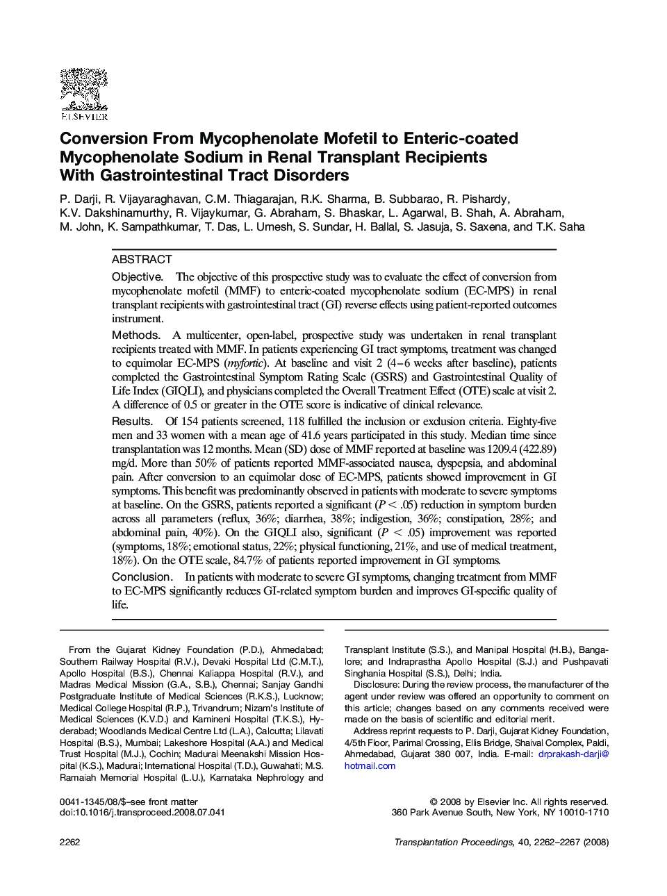 Conversion From Mycophenolate Mofetil to Enteric-coated Mycophenolate Sodium in Renal Transplant Recipients With Gastrointestinal Tract Disorders 