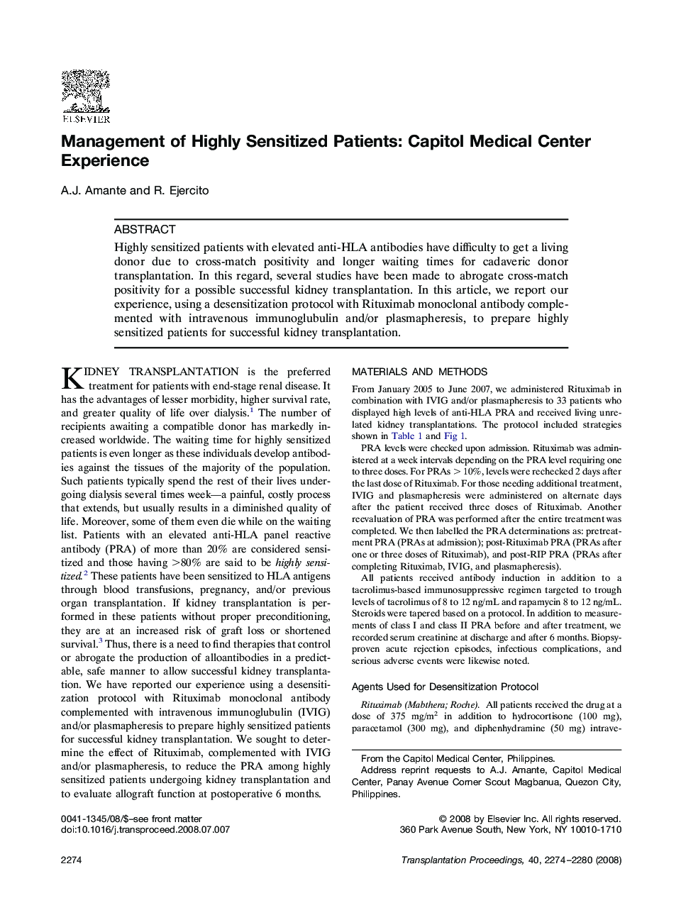 Management of Highly Sensitized Patients: Capitol Medical Center Experience