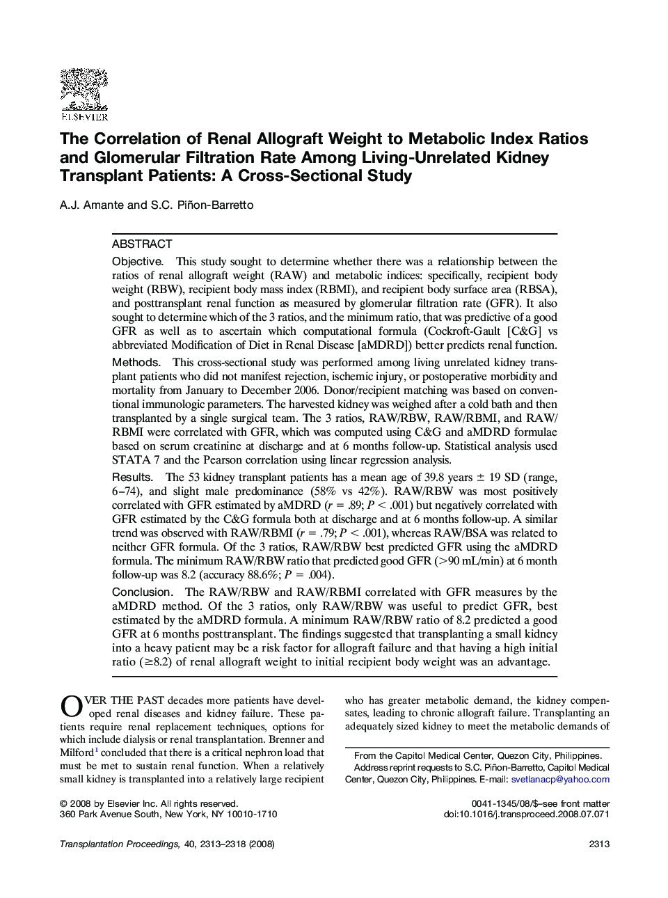 The Correlation of Renal Allograft Weight to Metabolic Index Ratios and Glomerular Filtration Rate Among Living-Unrelated Kidney Transplant Patients: A Cross-Sectional Study