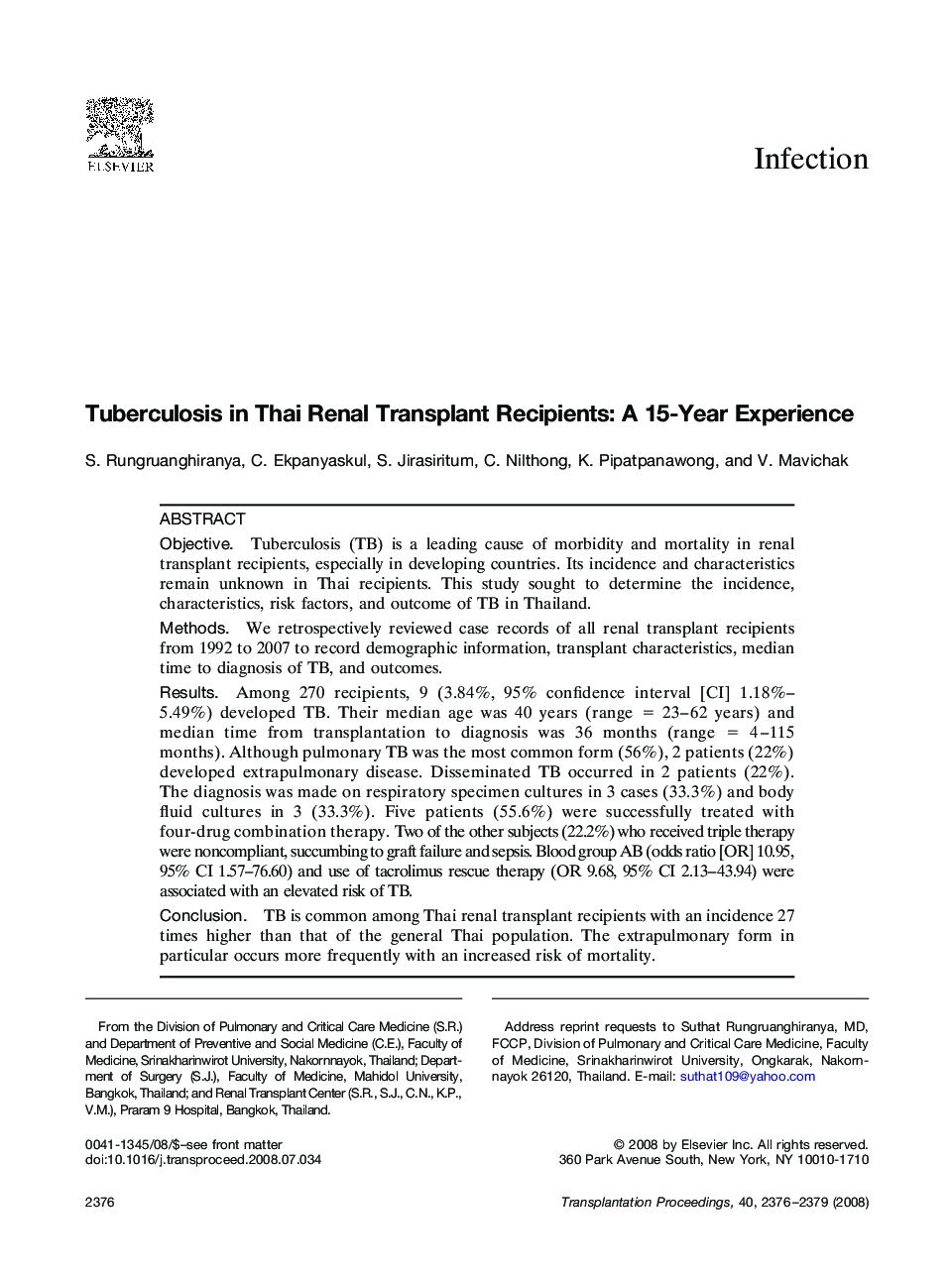 Tuberculosis in Thai Renal Transplant Recipients: A 15-Year Experience
