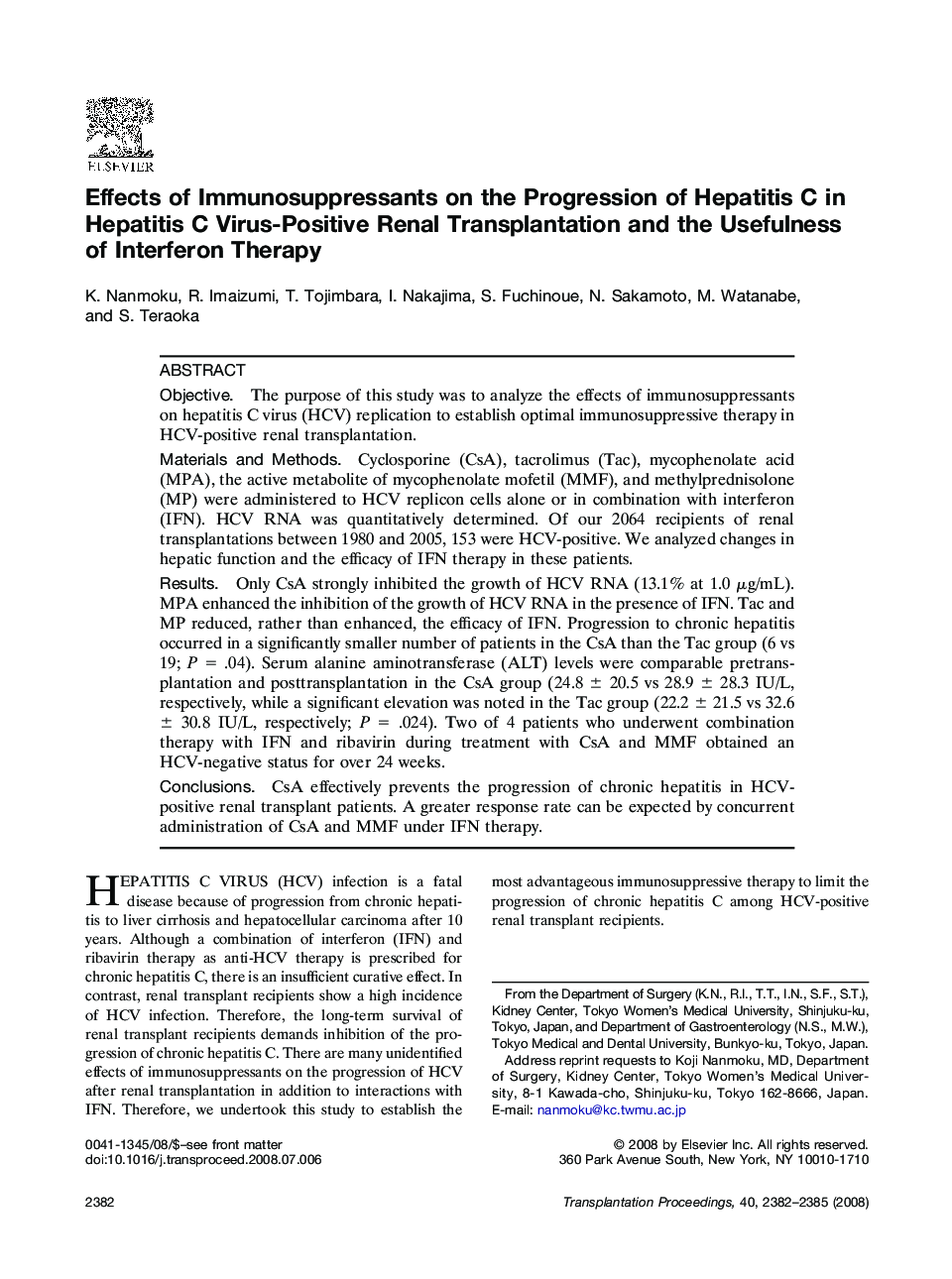 Effects of Immunosuppressants on the Progression of Hepatitis C in Hepatitis C Virus-Positive Renal Transplantation and the Usefulness of Interferon Therapy