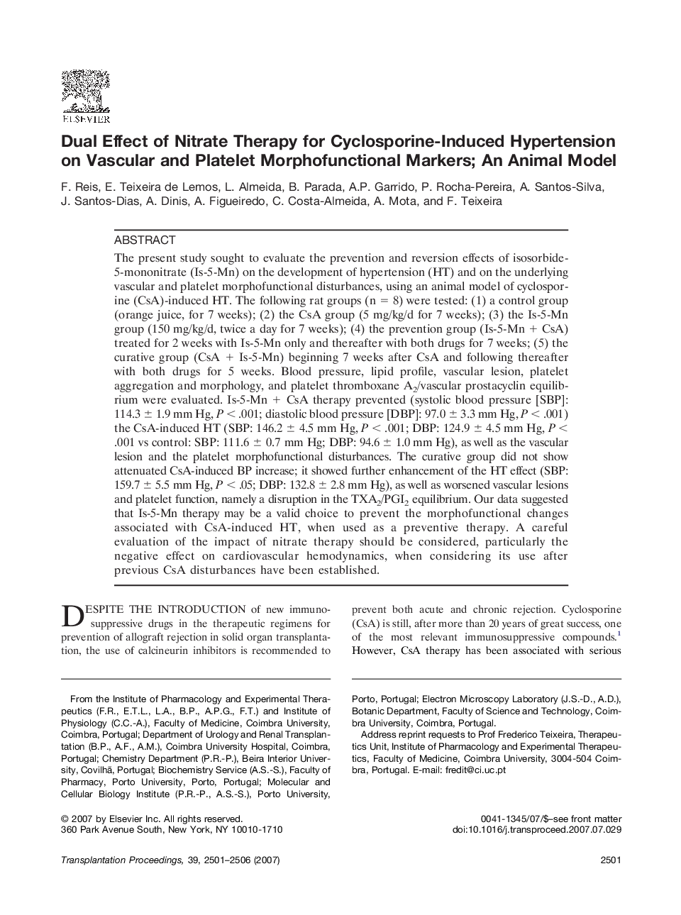 Dual Effect of Nitrate Therapy for Cyclosporine-Induced Hypertension on Vascular and Platelet Morphofunctional Markers; An Animal Model