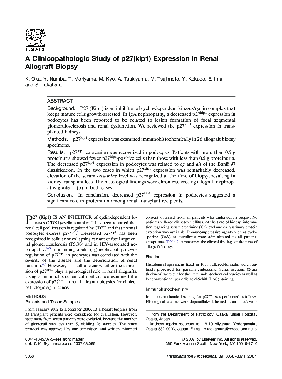 A Clinicopathologic Study of p27(kip1) Expression in Renal Allograft Biopsy