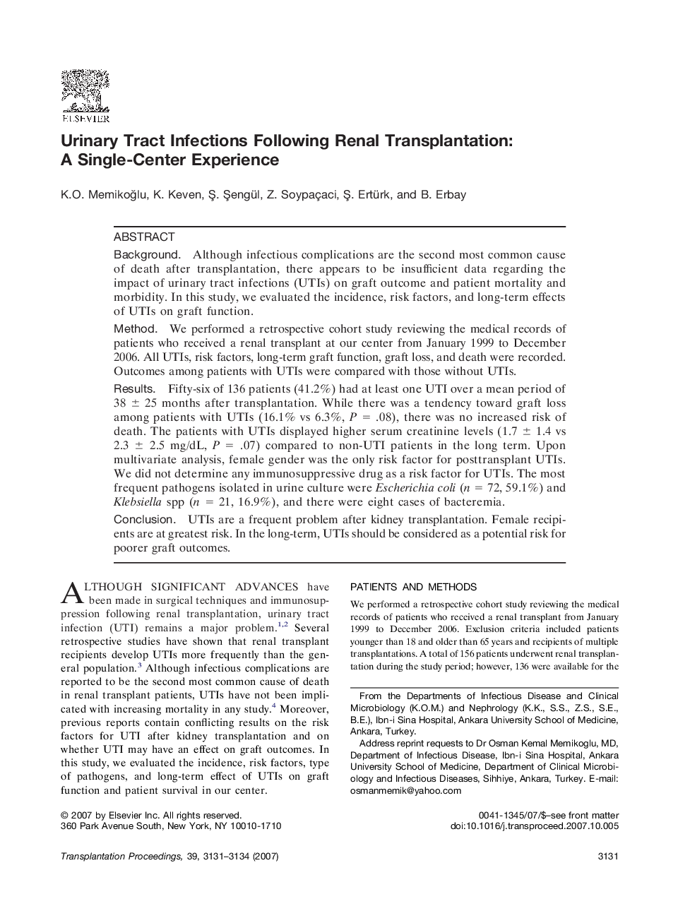 Urinary Tract Infections Following Renal Transplantation: A Single-Center Experience