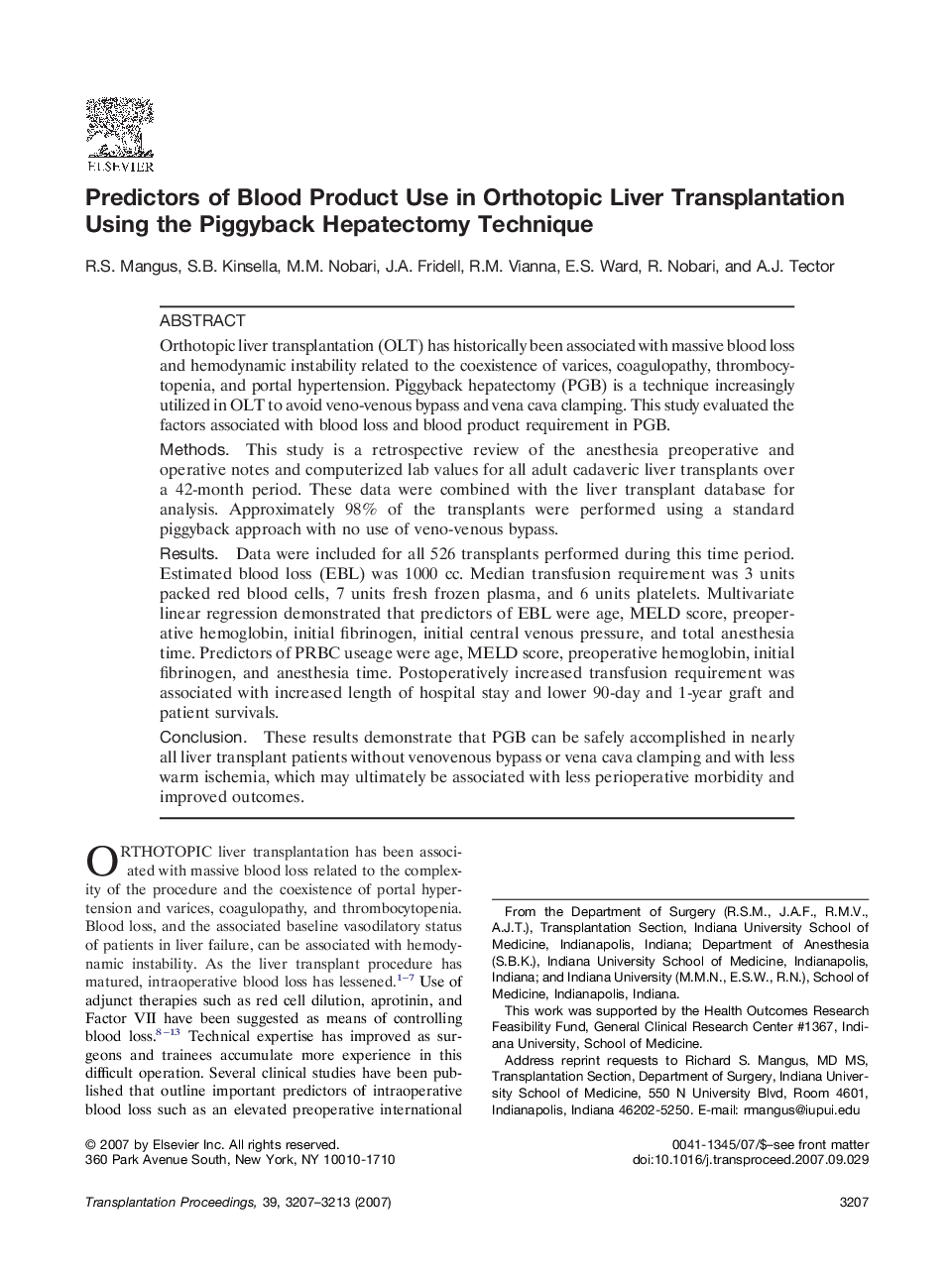 Predictors of Blood Product Use in Orthotopic Liver Transplantation Using the Piggyback Hepatectomy Technique 