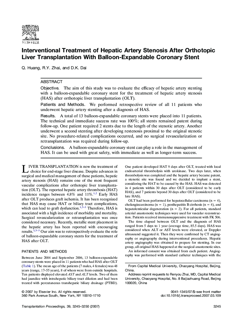 Interventional Treatment of Hepatic Artery Stenosis After Orthotopic Liver Transplantation With Balloon-Expandable Coronary Stent