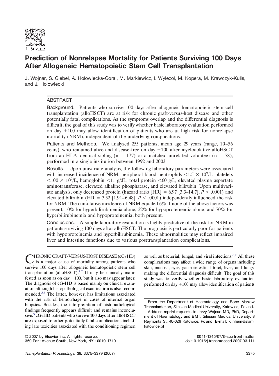 Prediction of Nonrelapse Mortality for Patients Surviving 100 Days After Allogeneic Hematopoietic Stem Cell Transplantation