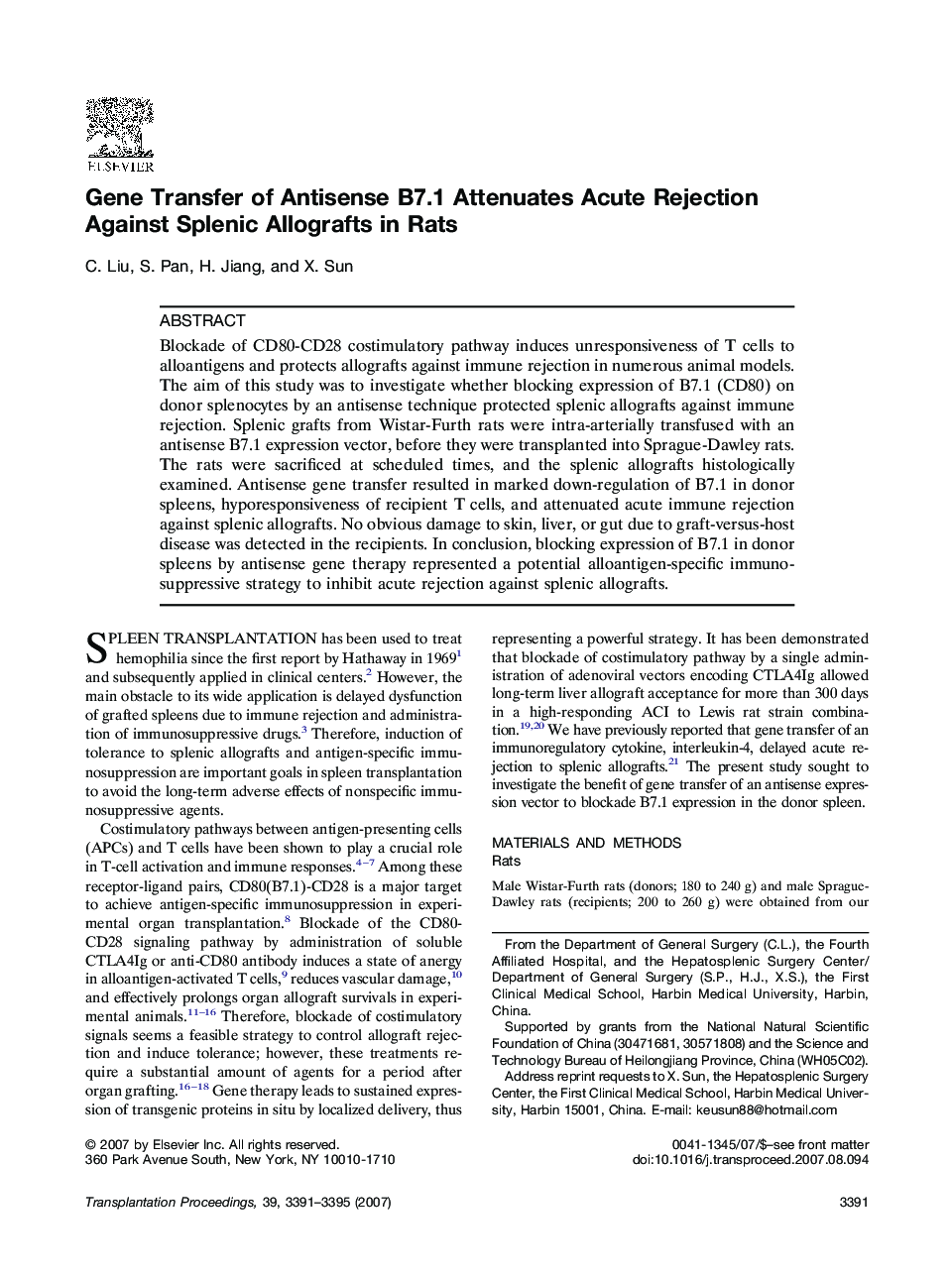 Gene Transfer of Antisense B7.1 Attenuates Acute Rejection Against Splenic Allografts in Rats 