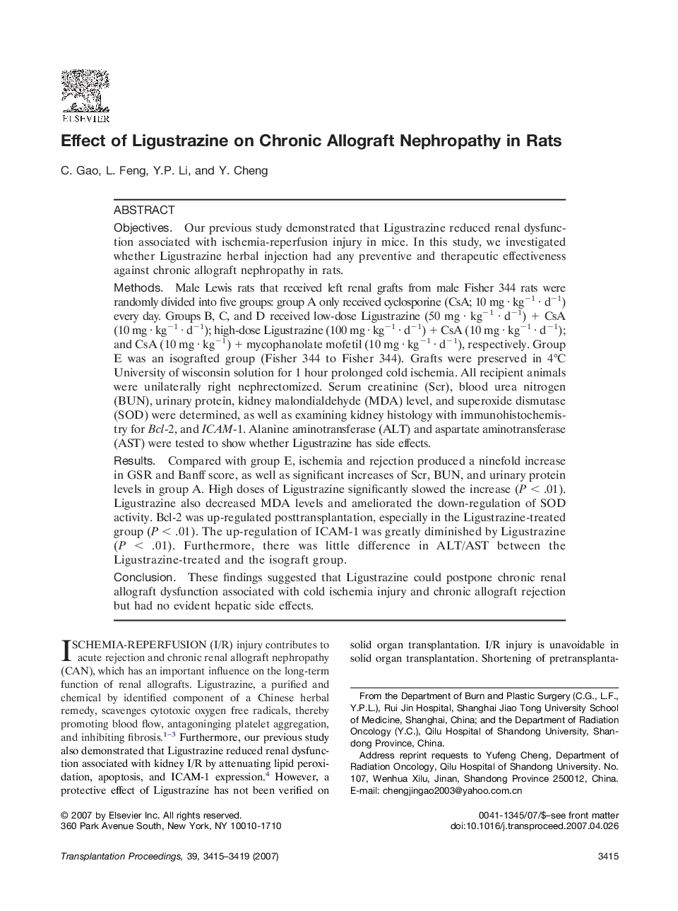 Effect of Ligustrazine on Chronic Allograft Nephropathy in Rats