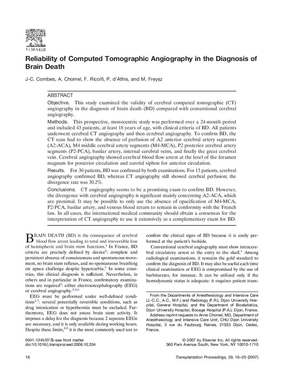 Reliability of Computed Tomographic Angiography in the Diagnosis of Brain Death