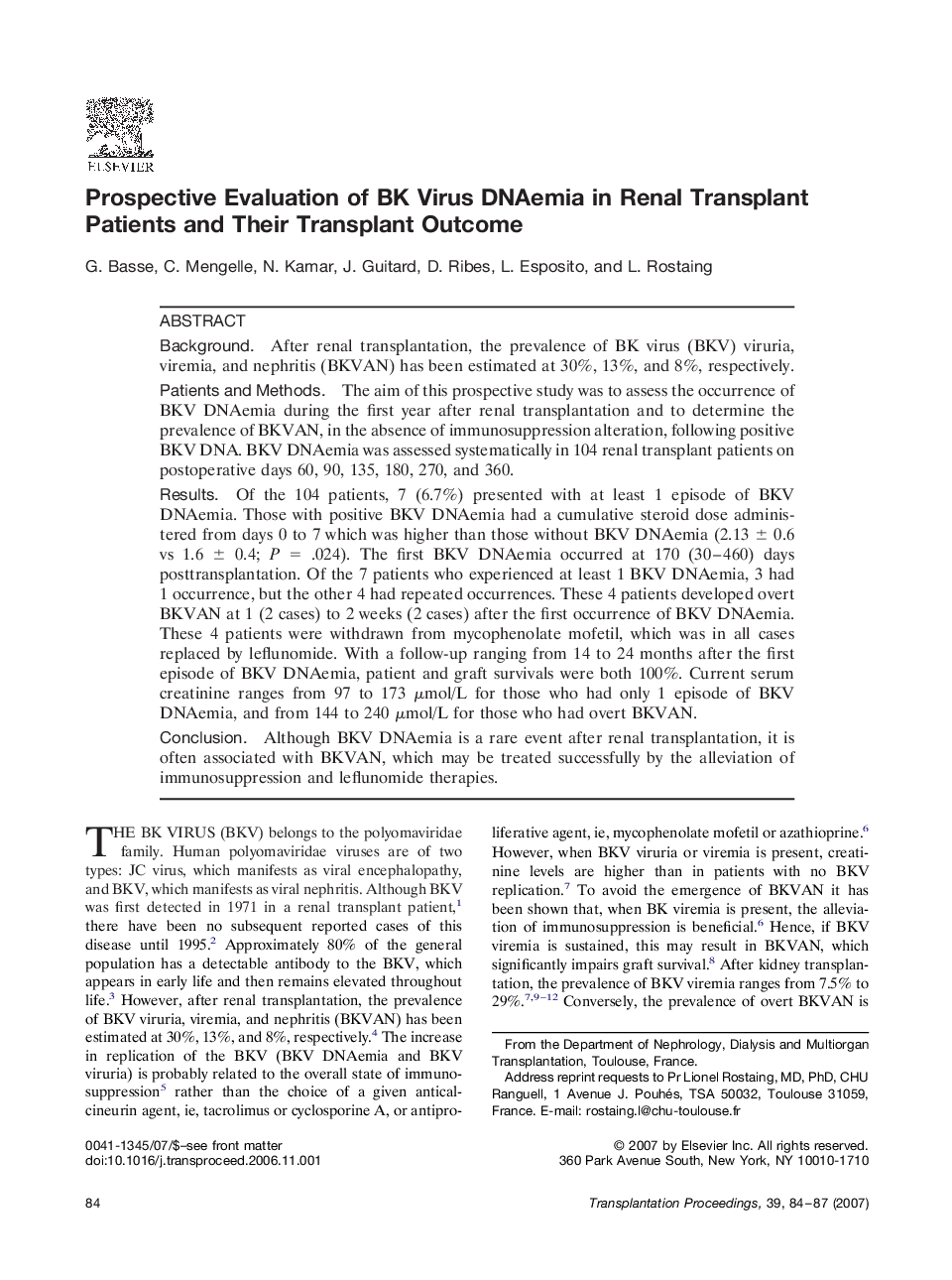 Prospective Evaluation of BK Virus DNAemia in Renal Transplant Patients and Their Transplant Outcome