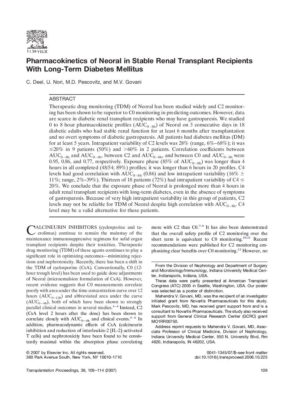 Pharmacokinetics of Neoral in Stable Renal Transplant Recipients With Long-Term Diabetes Mellitus 