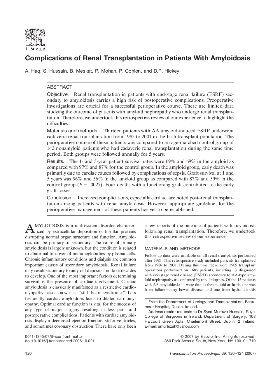 Complications of Renal Transplantation in Patients With Amyloidosis