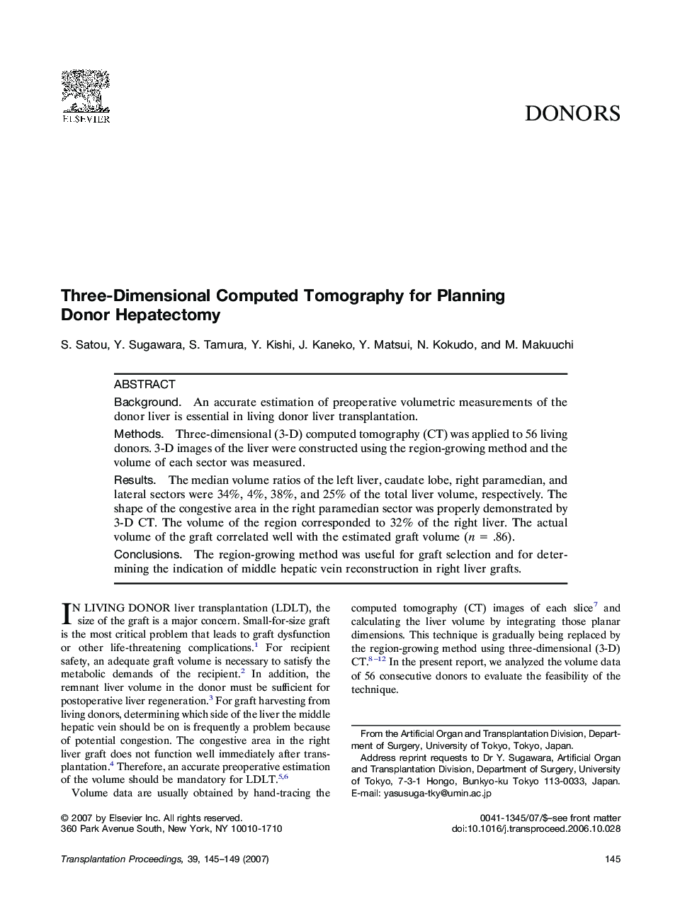 Three-Dimensional Computed Tomography for Planning Donor Hepatectomy