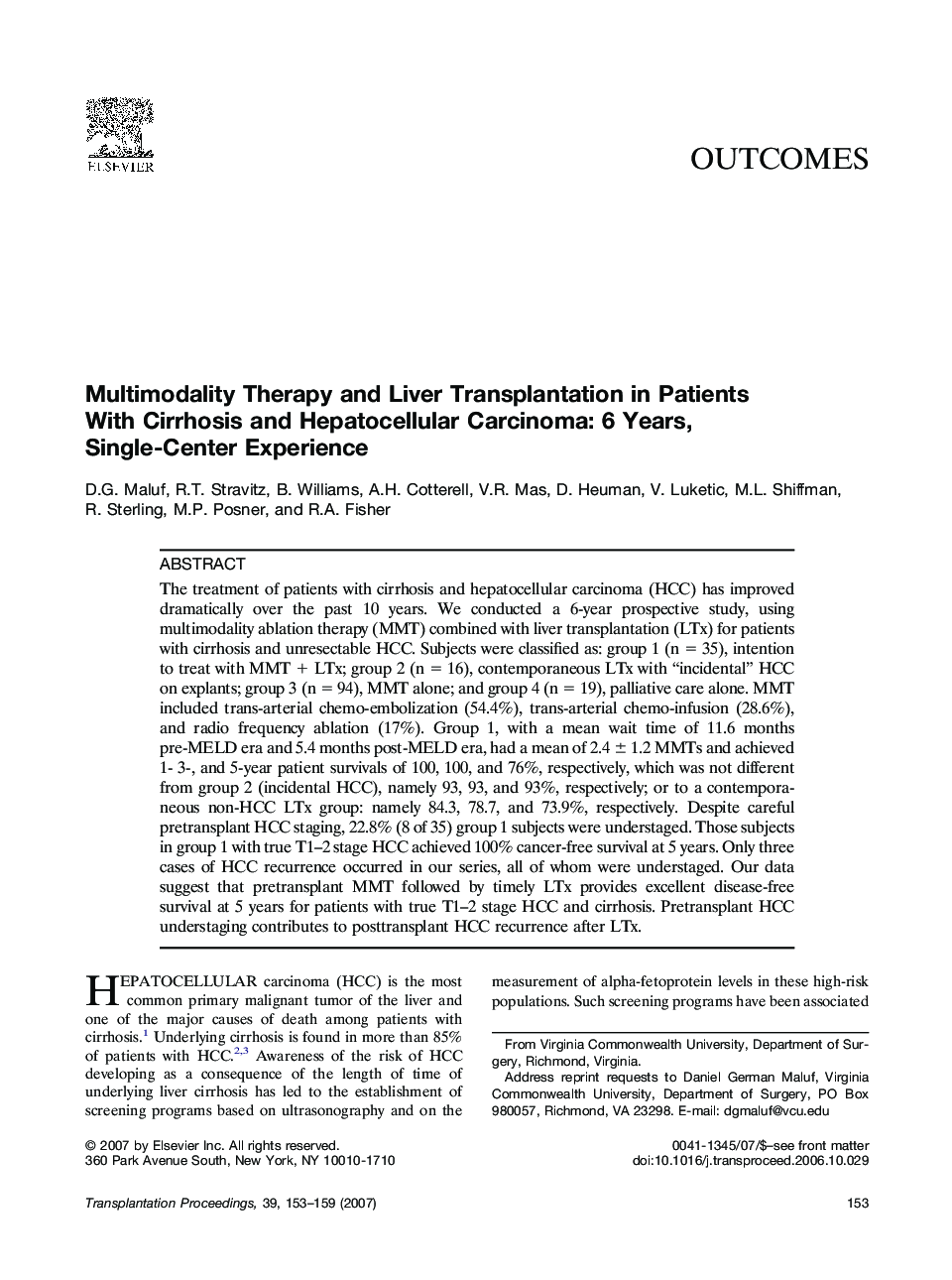 Multimodality Therapy and Liver Transplantation in Patients With Cirrhosis and Hepatocellular Carcinoma: 6 Years, Single-Center Experience